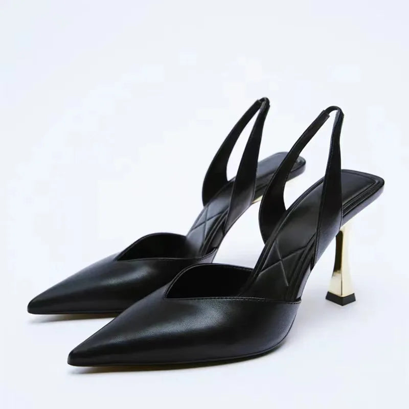 Sandales femme à talons fins dorés, bout pointu, à enfiler