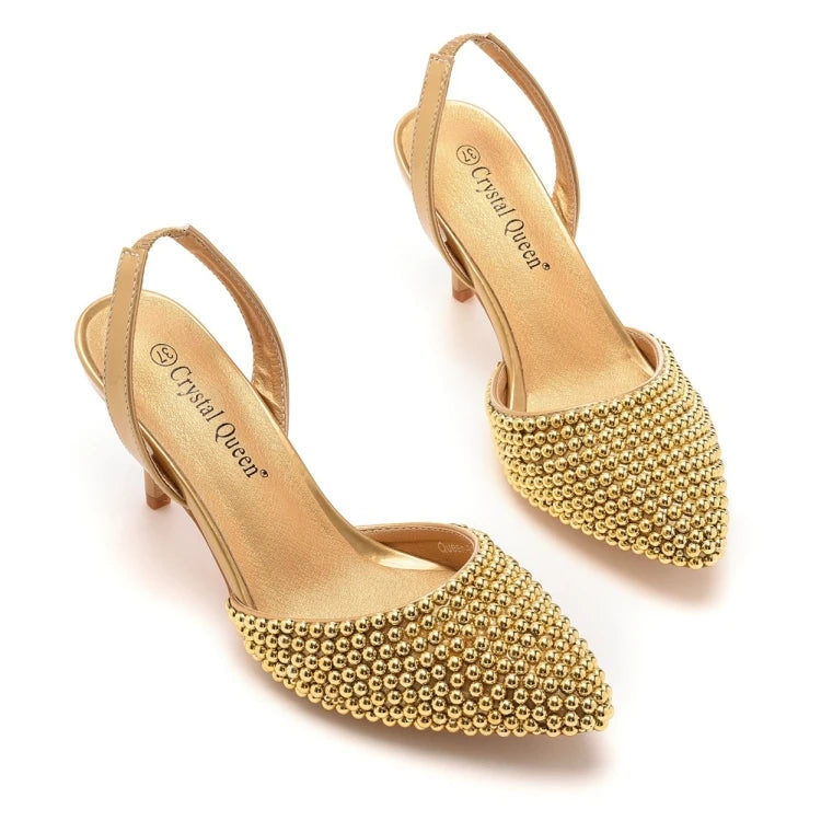 Sandales femme à talons fins 7 cm, bout pointu, perles décoratives, en PU