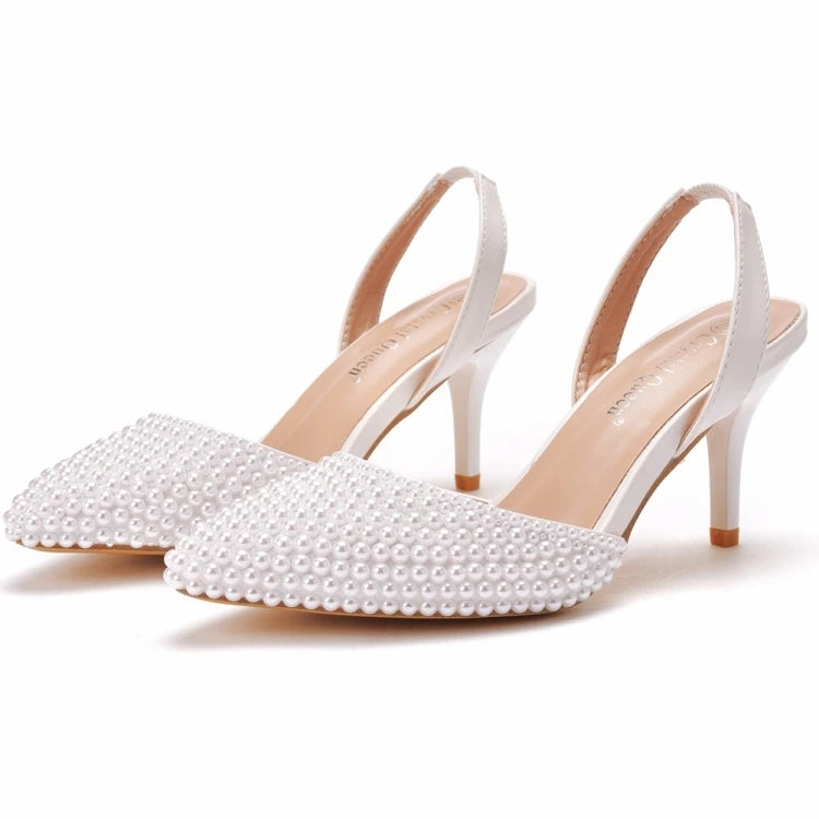 Sandales femme à talons fins 7 cm, bout pointu, perles décoratives, en PU