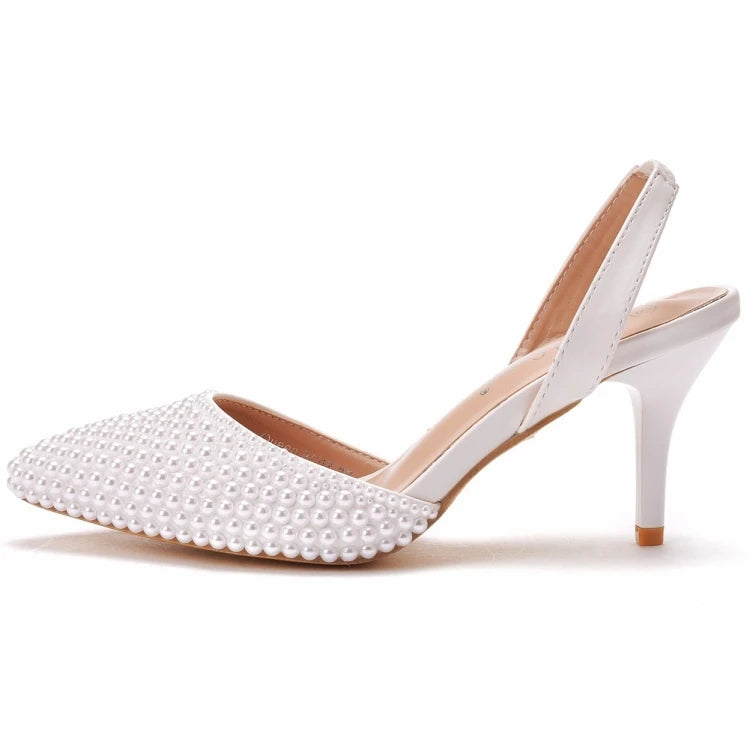 Sandales femme à talons fins 7 cm, bout pointu, perles décoratives, en PU