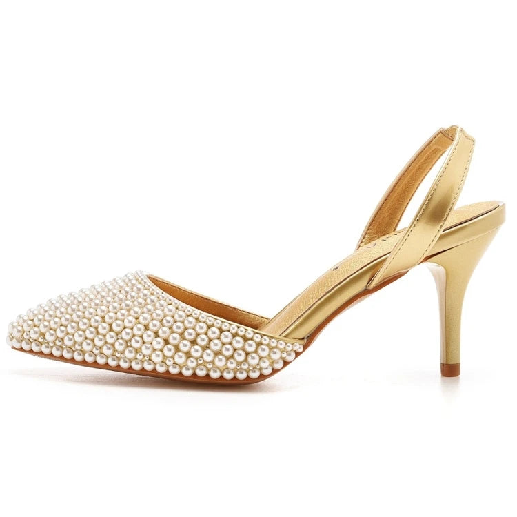 Sandales femme à talons fins 7 cm, bout pointu, perles décoratives, en PU