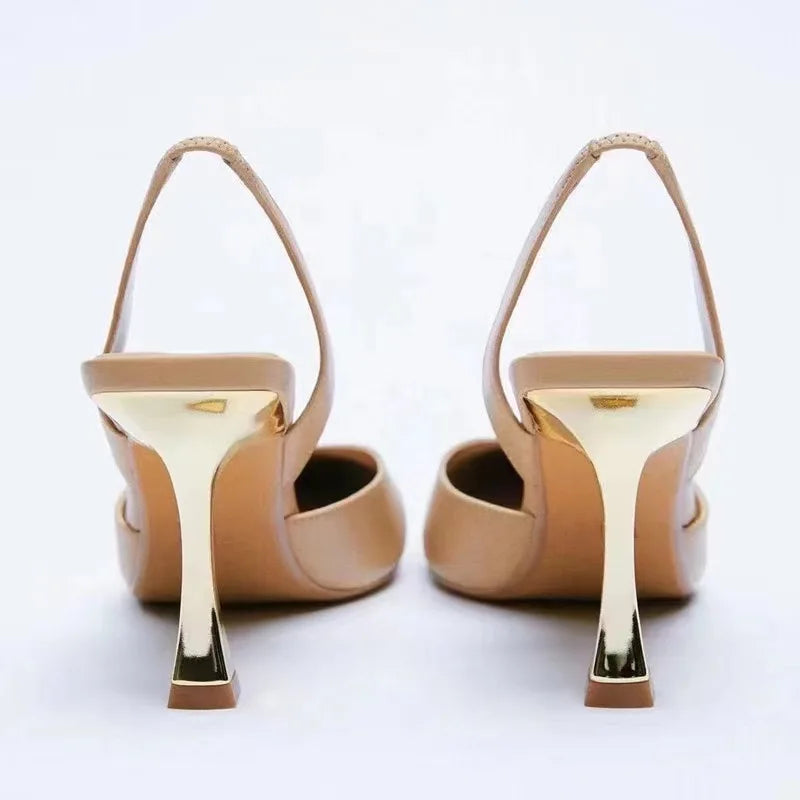Sandales femme à talons fins dorés, bout pointu, à enfiler