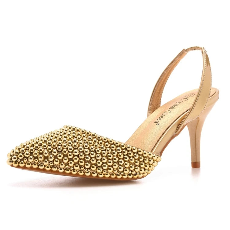 Sandales femme à talons fins 7 cm, bout pointu, perles décoratives, en PU