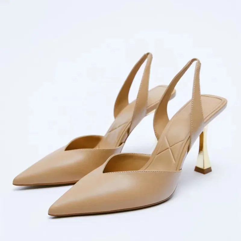 Sandales femme à talons fins dorés, bout pointu, à enfiler