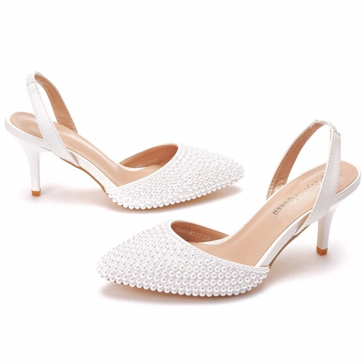 Sandales femme à talons fins 7 cm, bout pointu, perles décoratives, en PU