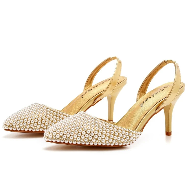 Sandales femme à talons fins 7 cm, bout pointu, perles décoratives, en PU