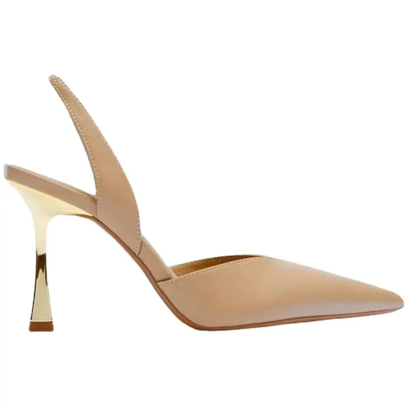 Sandales femme à talons fins dorés, bout pointu, à enfiler