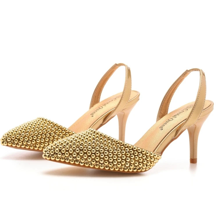 Sandales femme à talons fins 7 cm, bout pointu, perles décoratives, en PU