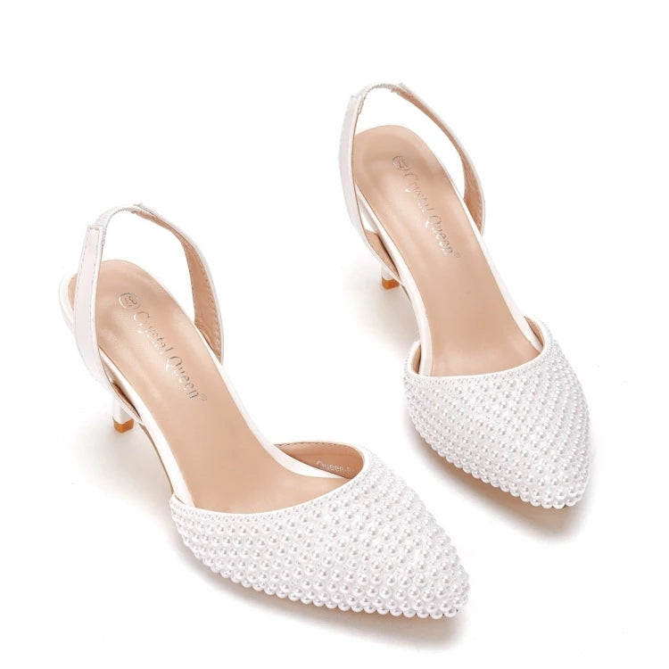 Sandales femme à talons fins 7 cm, bout pointu, perles décoratives, en PU