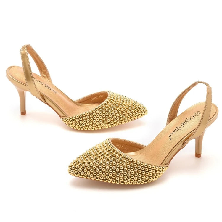 Sandales femme à talons fins 7 cm, bout pointu, perles décoratives, en PU