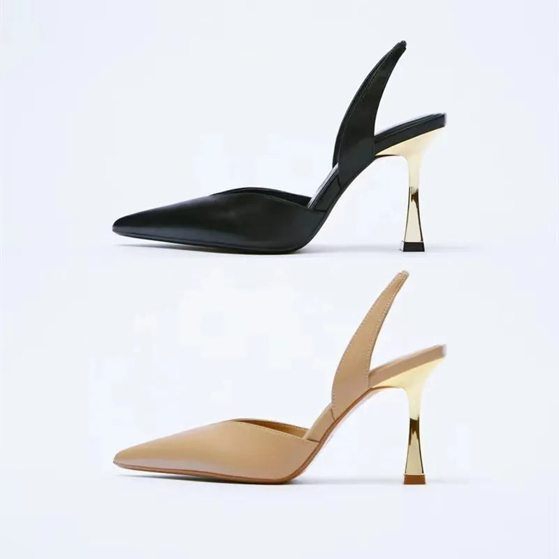 Sandales femme à talons fins dorés, bout pointu, à enfiler