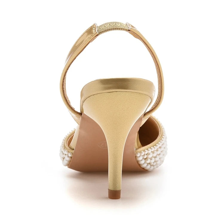 Sandales femme à talons fins 7 cm, bout pointu, perles décoratives, en PU
