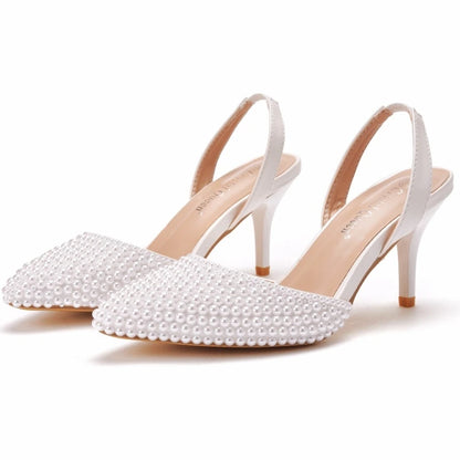 Sandales femme à talons fins 7 cm, bout pointu, perles décoratives, en PU