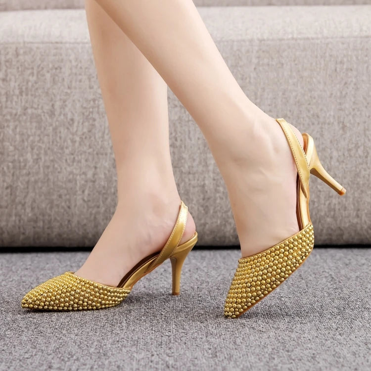 Sandales femme à talons fins 7 cm, bout pointu, perles décoratives, en PU