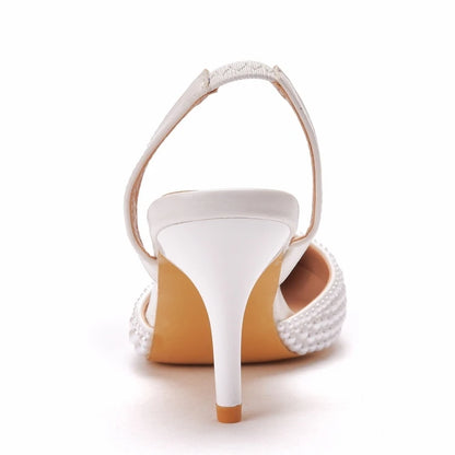 Sandales femme à talons fins 7 cm, bout pointu, perles décoratives, en PU